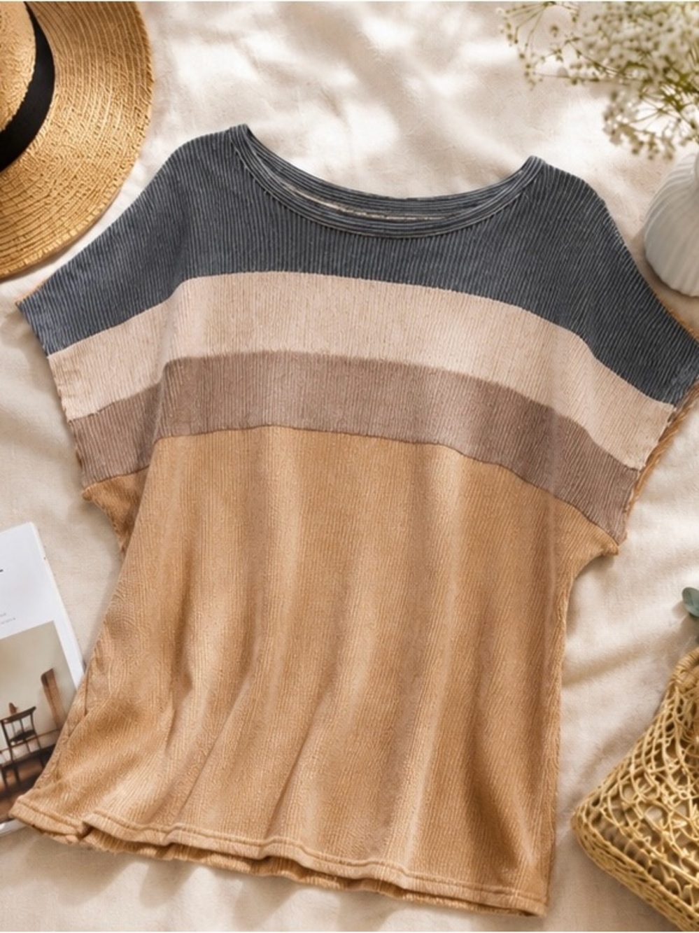 DOKOTOO Textured Colorblock Oversized Knit Top | Neutral Boho Ribbed Tee | M NWT